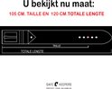 Illustratie van een riem met maatindicaties: taille 105cm, totale lengte 120cm.