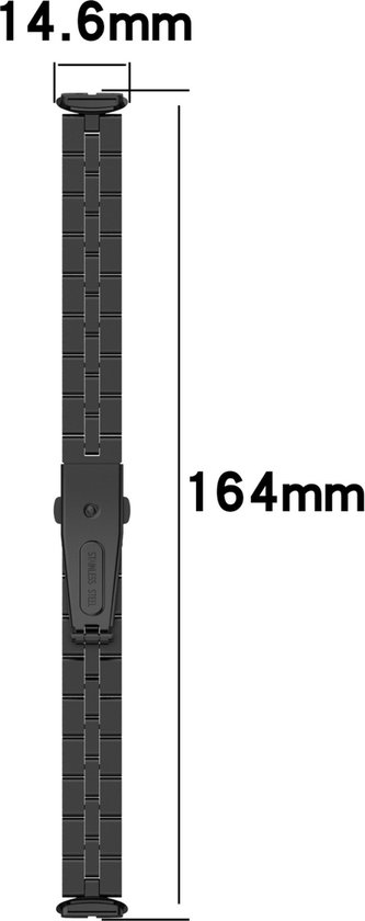 Zwart roestvrijstalen horlogebandje, 164 mm lang en 14,6 mm breed.