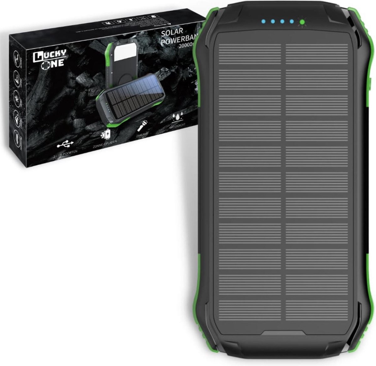Lucky One Solar Powerbank met 20000 mAh - zonneenergie - Iphone & Samsung - Solar Charger - USB C & Micro USB - Outdoor - Groen