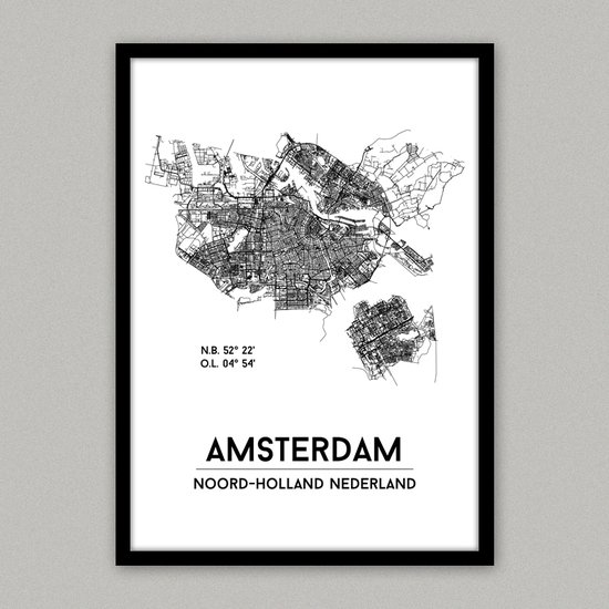 Amsterdam city poster, plattegrond poster, woonplaatsposter, woonposter - cm) met lijst