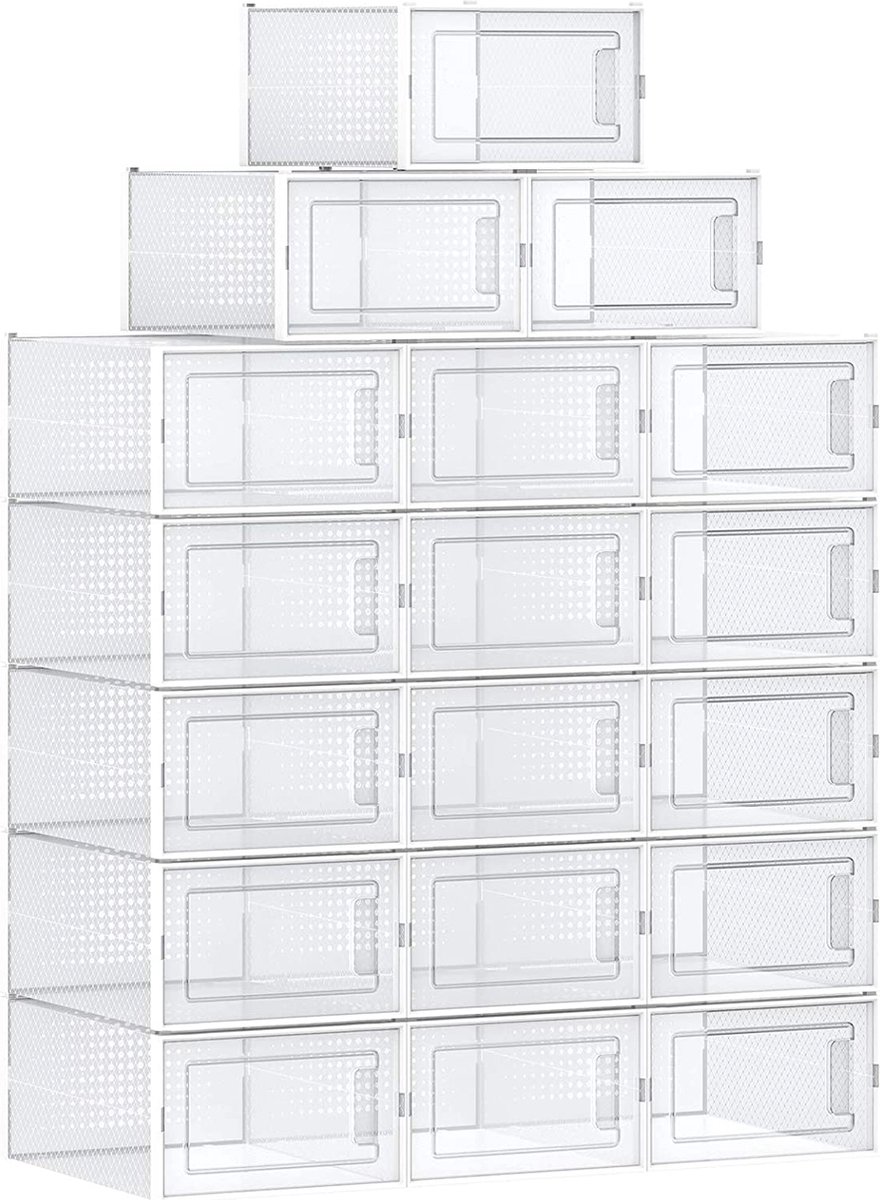 Hoppa! schoendozen set van 18 opbergdozen voor schoenen schoen organizer plastic dozen opvouwbaar en stapelbaar voor schoenen tot maat 44 transparant wit