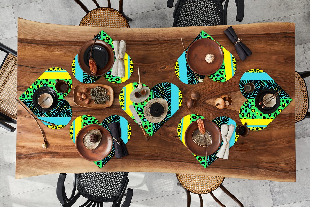 Onderleggers - Placemats - Placemats hartje - Design - Panterprint - Geel - Groen - 8 stuks