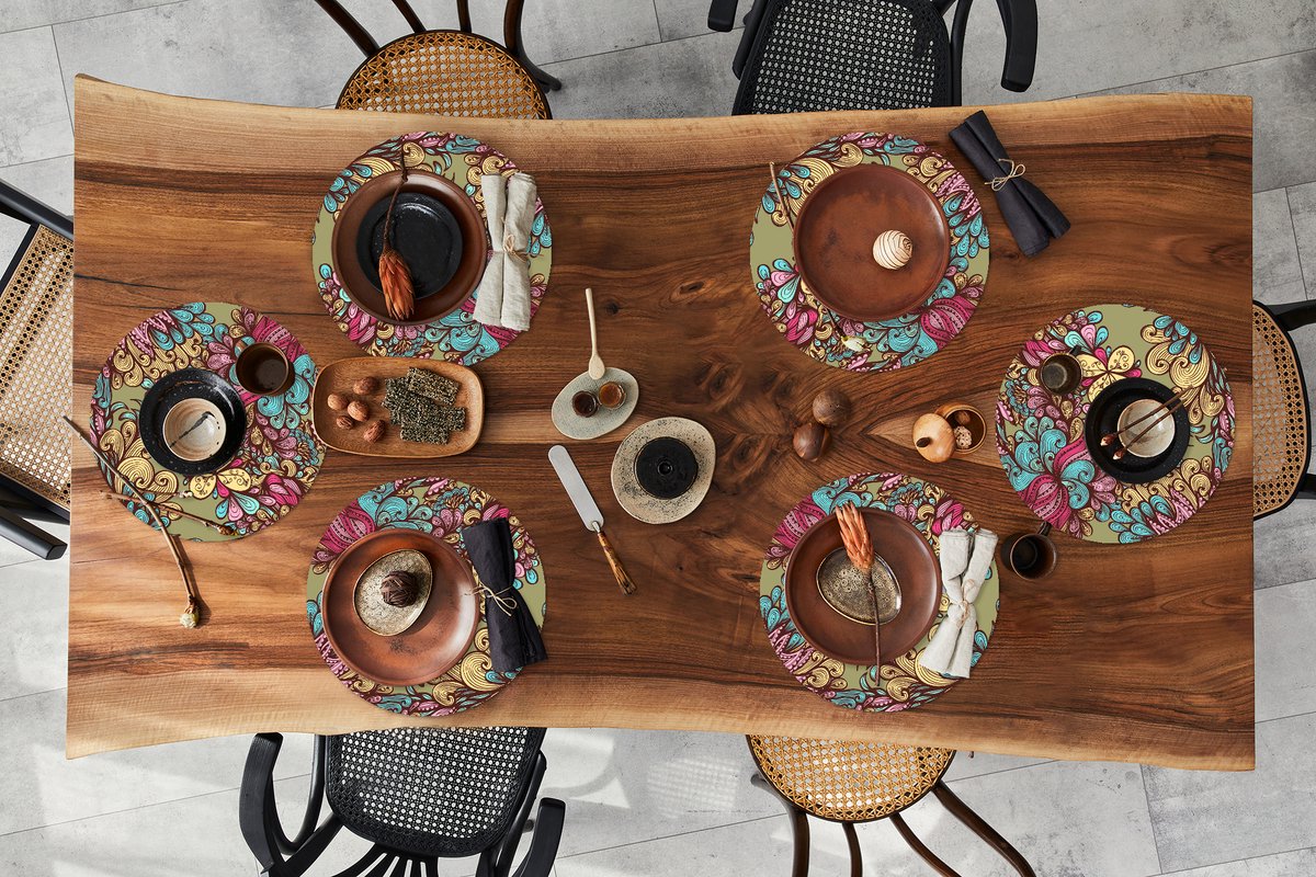Ronde placemats - Onderlegger - Placemats rond - Patroon - Bladeren - Abstract - 6 stuks
