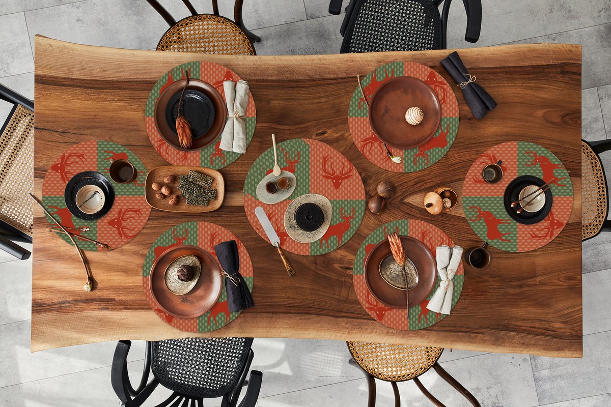 Ronde placemats - Onderlegger - Placemats rond - Patroon - Hert - Groen - Rood - 10 stuks