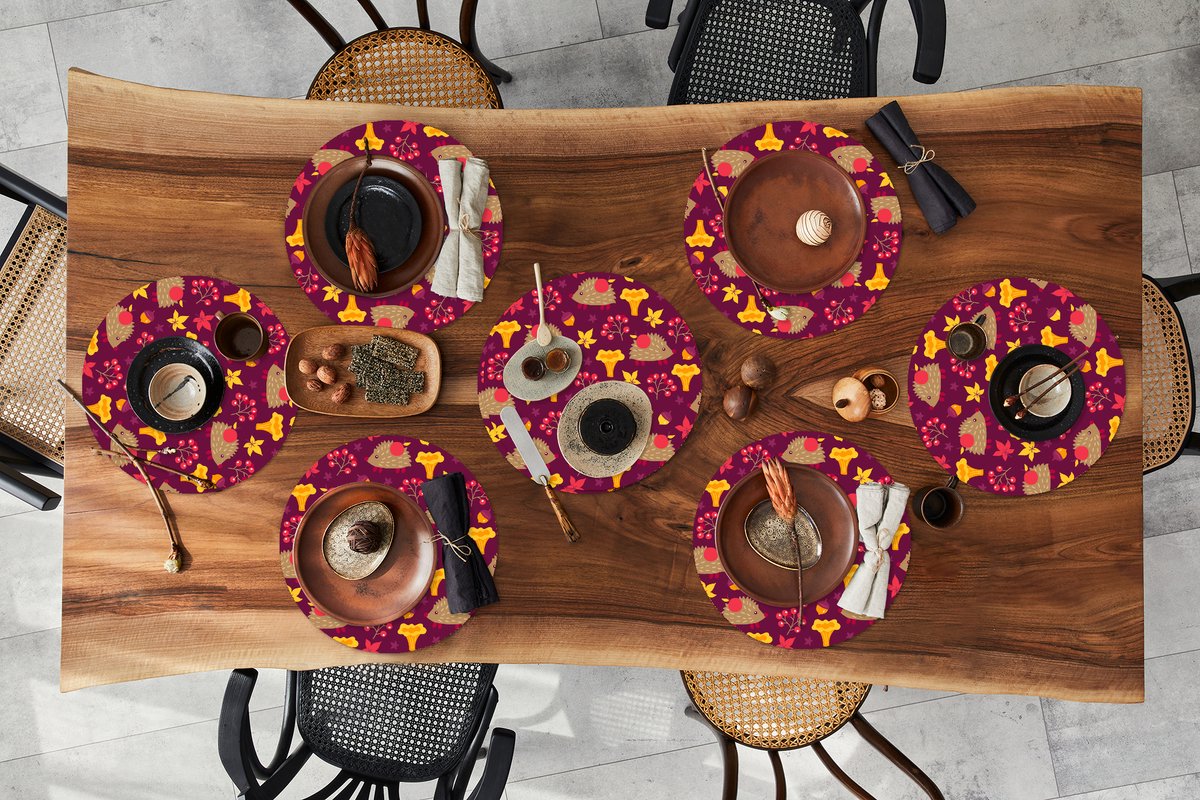 Ronde placemats - Onderlegger - Placemats rond - Egel - Paddenstoel - Patronen - 8 stuks