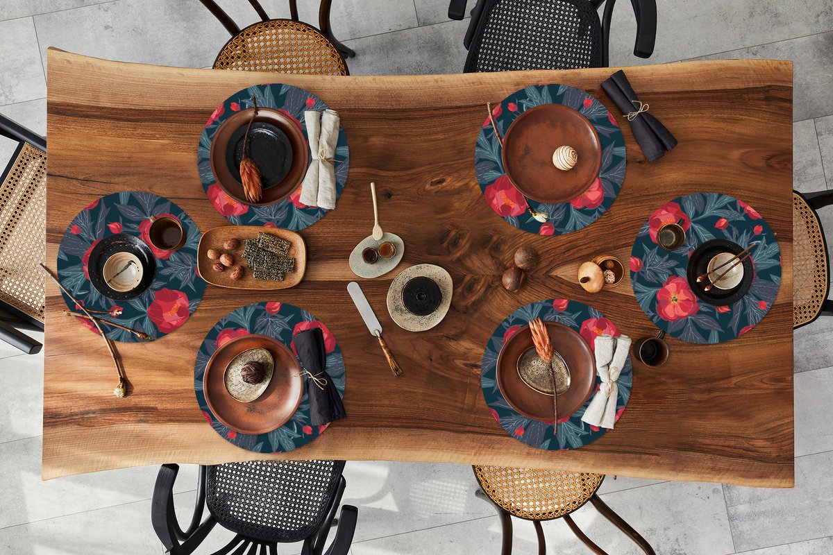 Ronde placemats - Onderlegger - Placemats rond - Bloemen - Rood - Bladeren - Patronen - 6 stuks