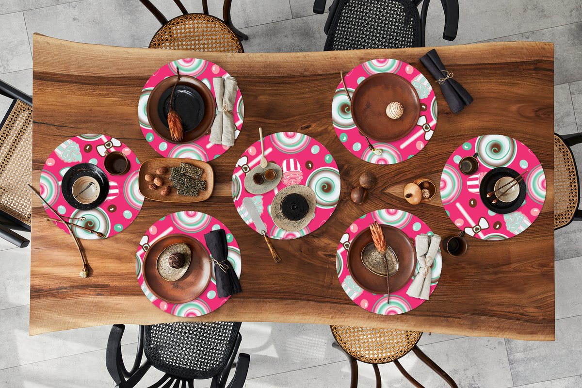 Ronde placemats - Onderlegger - Placemats rond - Design - Snoep - Candy - Roze - 8 stuks