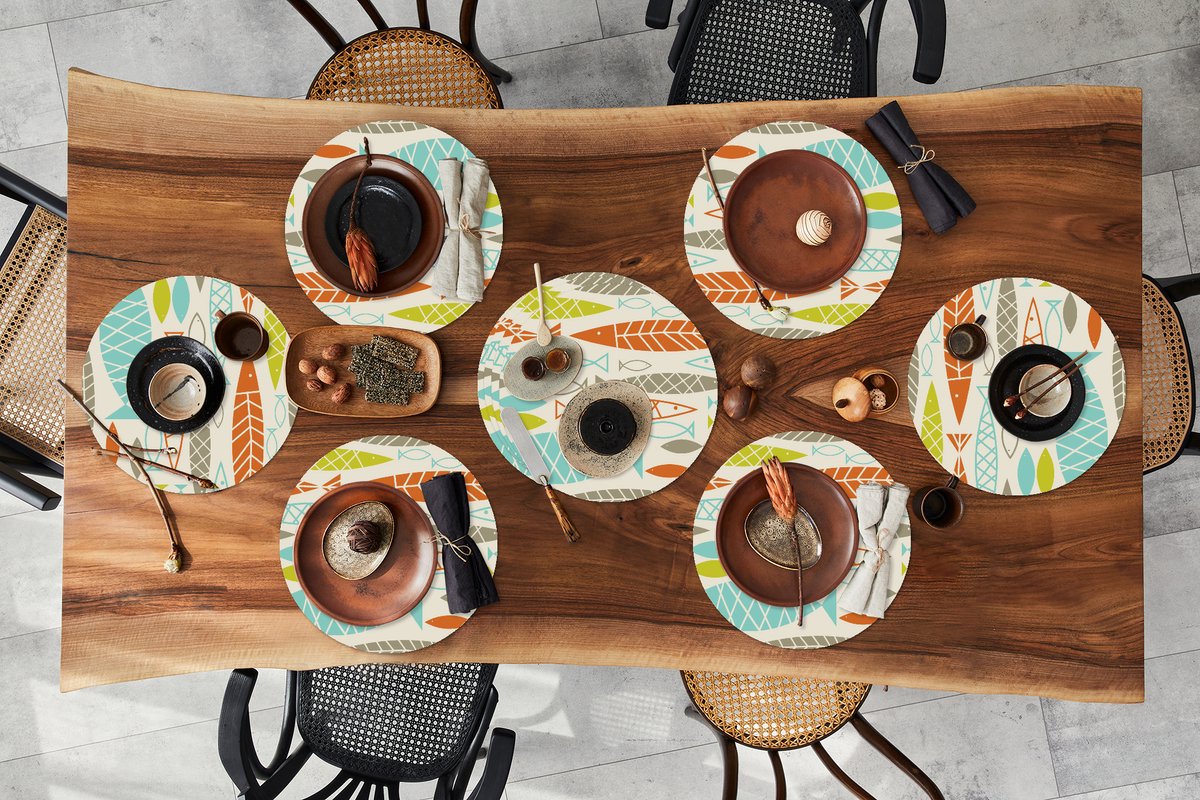 Ronde placemats - Onderlegger - Placemats rond - Vis - Jaren 50 - Patroon - 10 stuks
