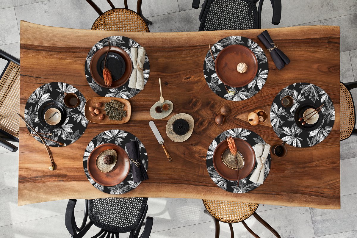 Ronde placemats - Onderlegger - Placemats rond - Zwart - Wit - Patronen - Bladeren - Natuur - 6 stuks