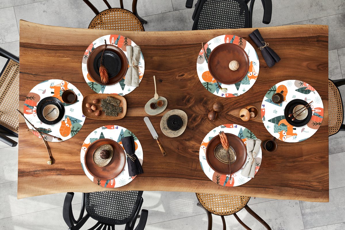 Ronde placemats - Onderlegger - Placemats rond - Patronen - Vos - boom - 6 stuks