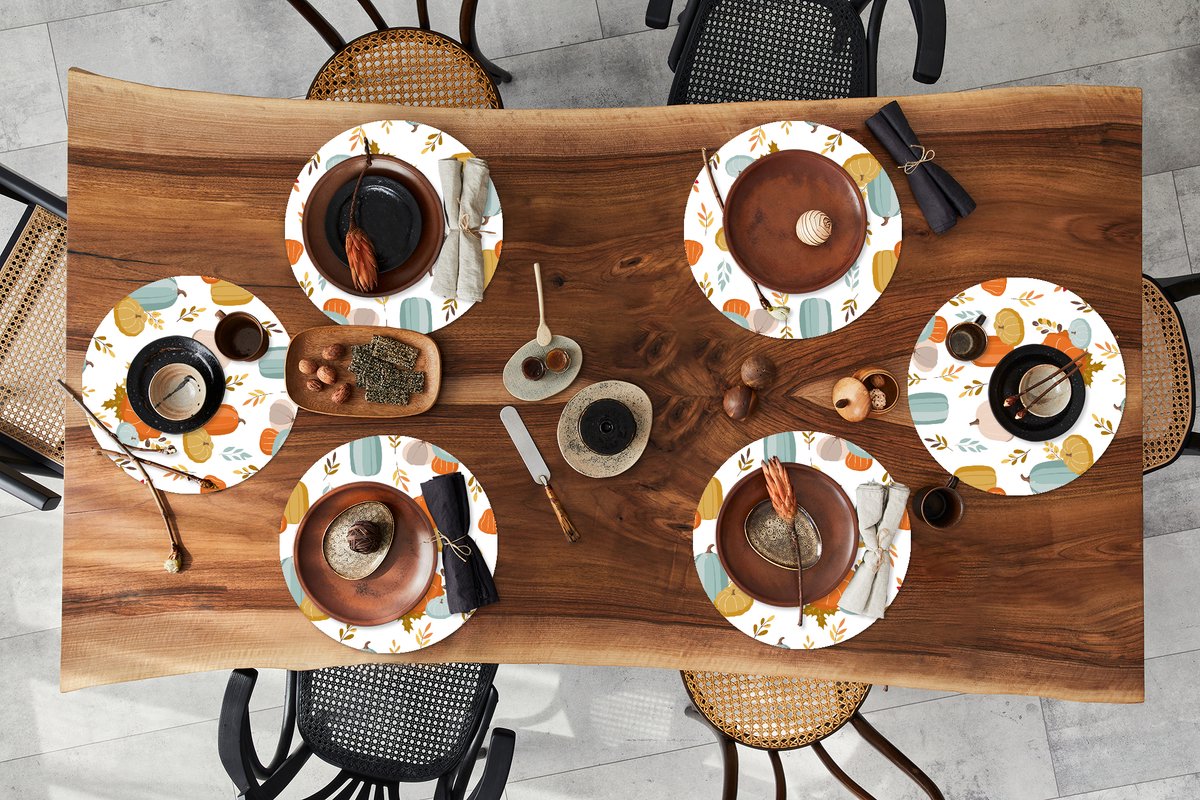 Ronde placemats - Onderlegger - Placemats rond - Pompoen - Herfst - Patroon - 6 stuks