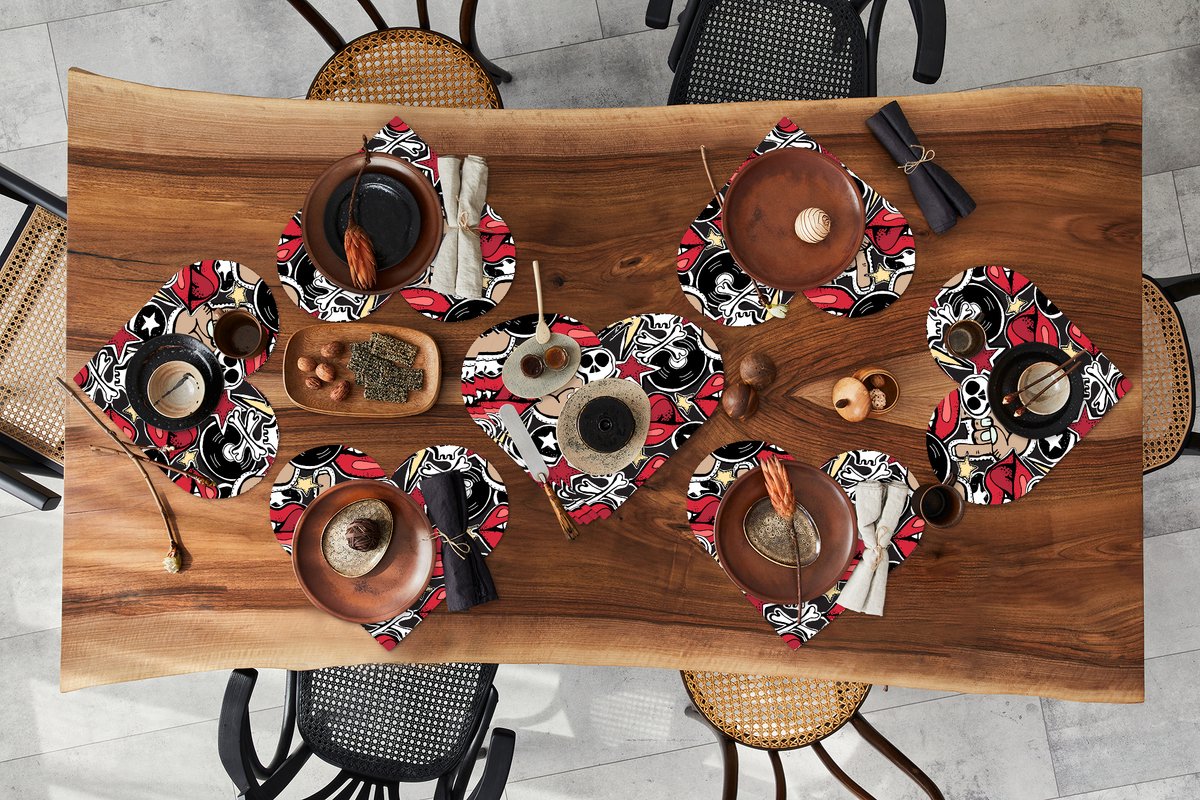 Onderleggers - Placemats - Placemats hartje - Rock - Rock 'n roll - Patroon - Doodshoofd - 10 stuks