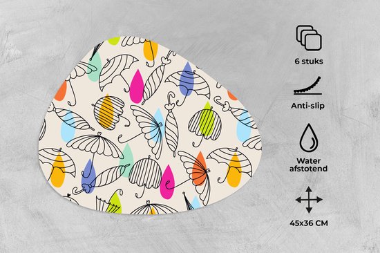 Set de table bio - Napperons bio - Pads - Pastel - Parapluie - Motifs - 6 pièces