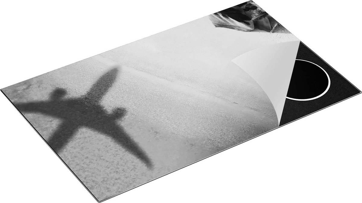 Chefcare Inductie Beschermer Silhouet van een Vliegtuig op het Strand - Zwart Wit - 85x52 cm - Afdekplaat Inductie - Kookplaat Beschermer - Inductie Mat