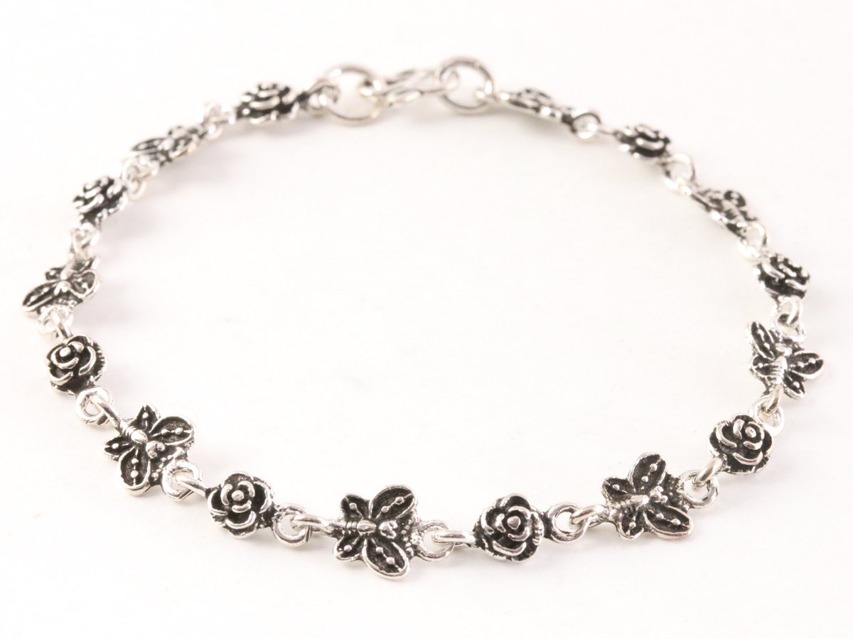 Fijne zilveren armband met vlinders en roosjes