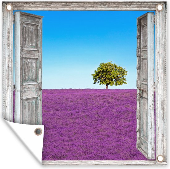 Affiche de jardin - Violet - Lavande - Arbre - Vue - Jardin - 100x100 cm - Décoration clôture - Peinture jardin - Tissu jardin