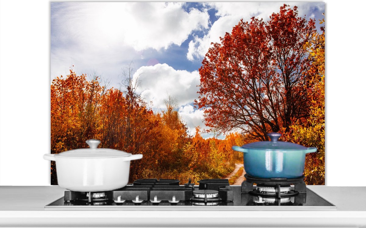 KitchenYeah - Spatscherm - Boom - Herfst - Rood - Lucht - 100x65 cm - Muurbeschermer