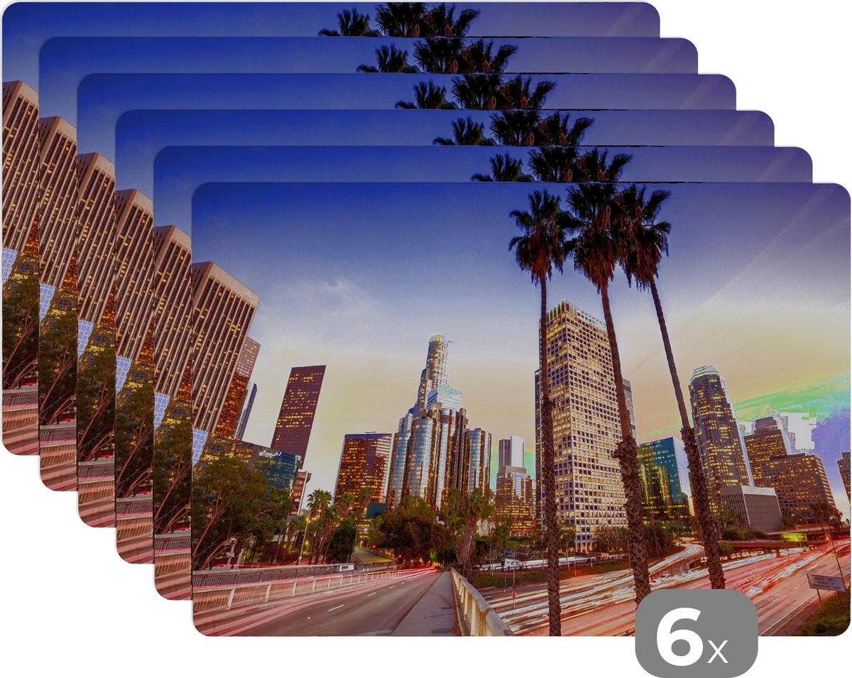 Placemats - Skyline - Palmboom - Los Angeles - Stad - Onderleggers placemats - Onderlegger - Placemat - 45x30 cm - 6 stuks