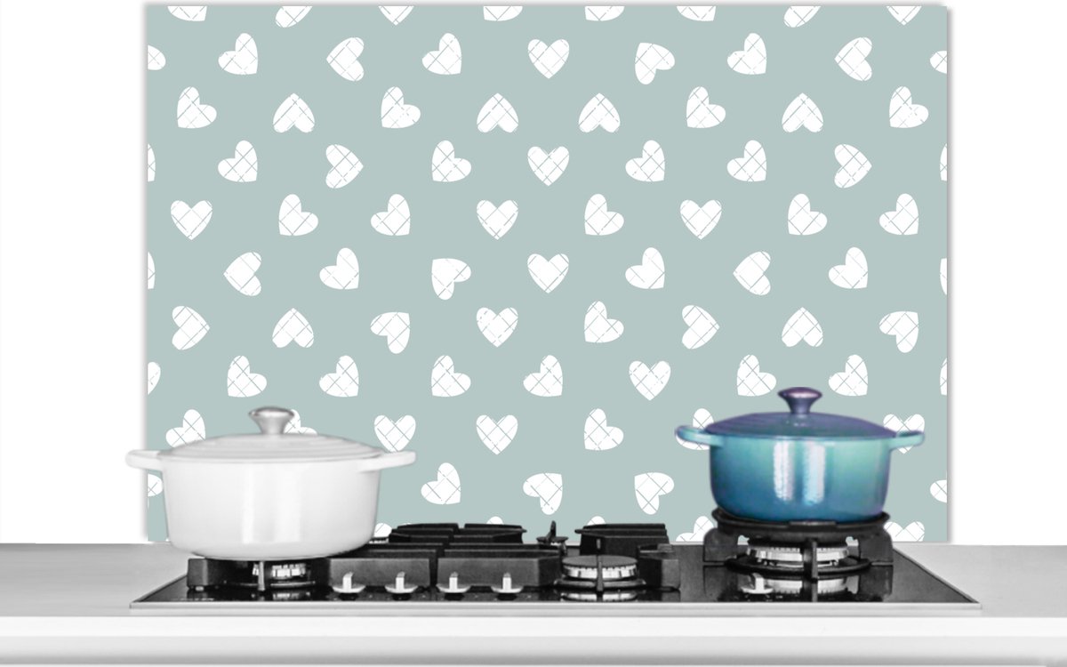 Spatscherm - Keuken achterwand - Keuken - Patronen - Hart - Groen - Wit - 100x65 cm - Spatwand