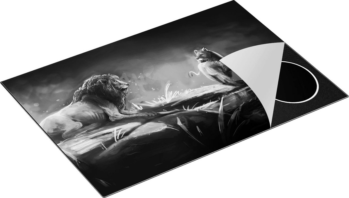 Chefcare Inductie Beschermer Leeuwen Familie in het Wild - Getekend - Zwart Wit - 75x50 cm - Afdekplaat Inductie - Kookplaat Beschermer - Inductie Mat