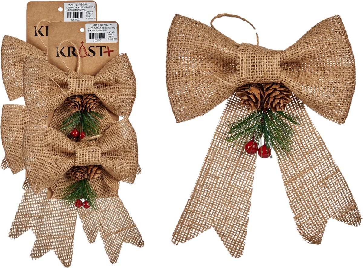 Kerststrikjes kersthangers in beige glitters op jute, 4 stuks, 15 x 16 cm, voor kerstboomdecoratie.