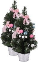 2x stuks kunstbomen/kunst kerstbomen inclusief kerstversiering 40 cm - Kunst kerstbomenpjes/kunstboompjes - Kerstversiering