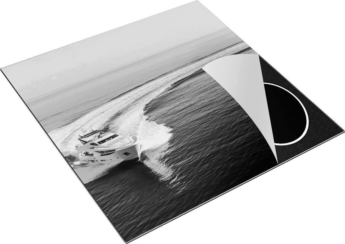 Chefcare Inductie Beschermer Jachtboot op het Water in een Bocht - Zwart Wit - 78x78 cm - Afdekplaat Inductie - Kookplaat Beschermer - Inductie Mat