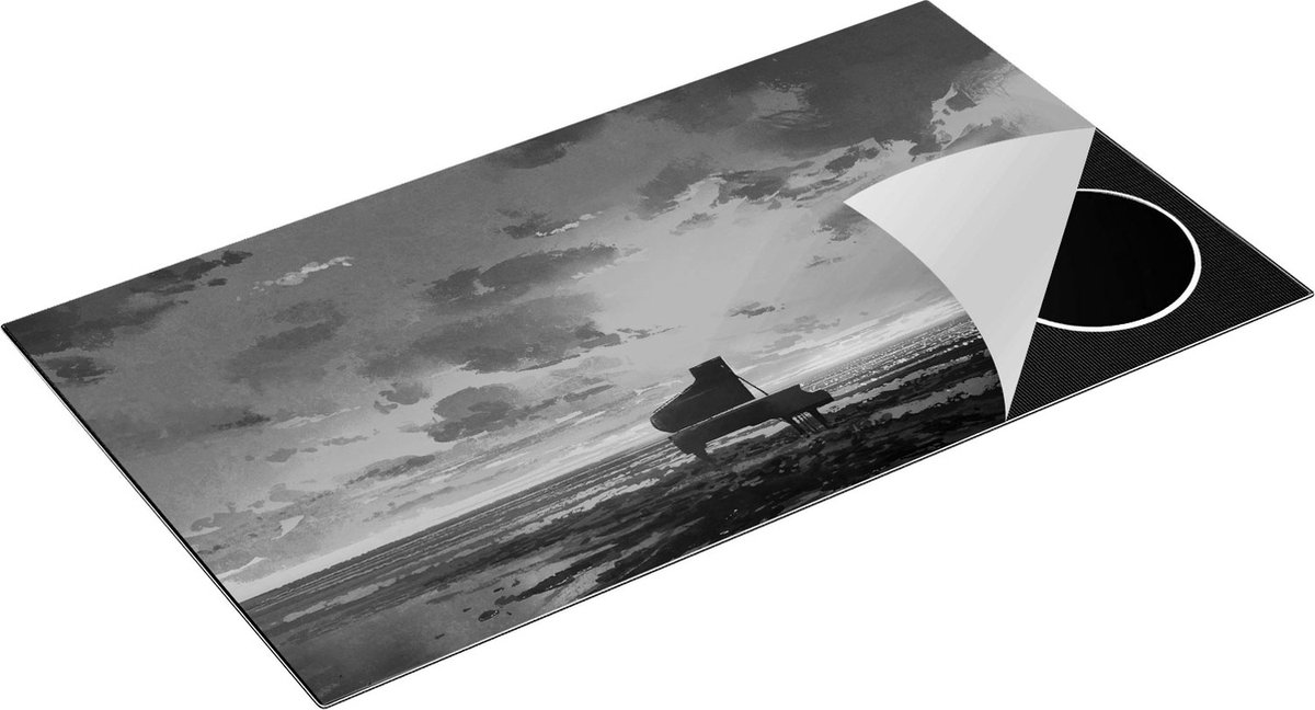 Chefcare Inductie Beschermer Piano op het Strand bij Zonsondergang - Zwart Wit - 95x50 cm - Afdekplaat Inductie - Kookplaat Beschermer - Inductie Mat