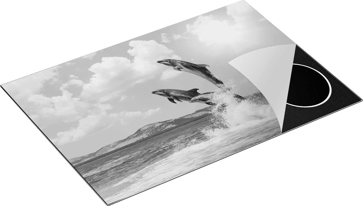 Chefcare Inductie Beschermer Dolfijnen Springen uit het Water - Zwart Wit - 75x55 cm - Afdekplaat Inductie - Kookplaat Beschermer - Inductie Mat