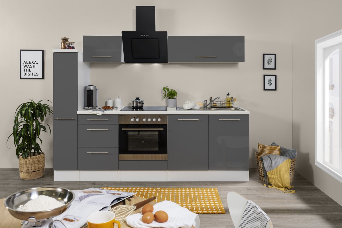 Respekta® Keukenblok 240 cm complete keuken met apparatuur soft close Grijs Hoogglans keuken Amanda keramische kookplaat afzuigkap oven spoelbak