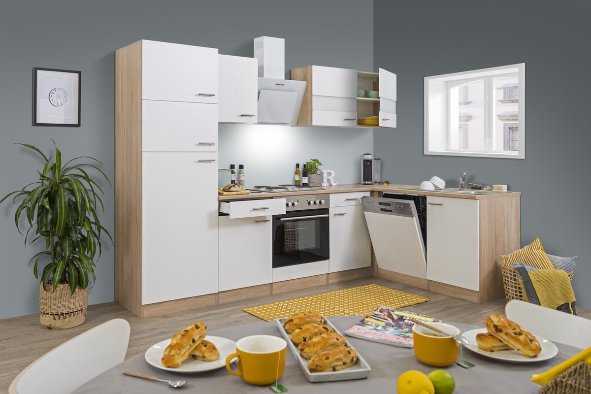 Hoekkeuken 280 cm - complete keuken met apparatuur Merle - Eiken/Wit - soft close - elektrische kookplaat - vaatwasser - afzuigkap - oven - spoelbak
