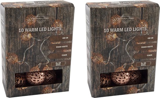 Set van 3x stuks lichtsnoer met 10 metalen balletjes koper op batterijen 100 cm - Kerstverlichting/sfeerverlichting