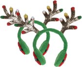 2x stuks kerst rendieren oorwarmers diadeem groen met rendier gewei - Kerstaccessoires hoofdband