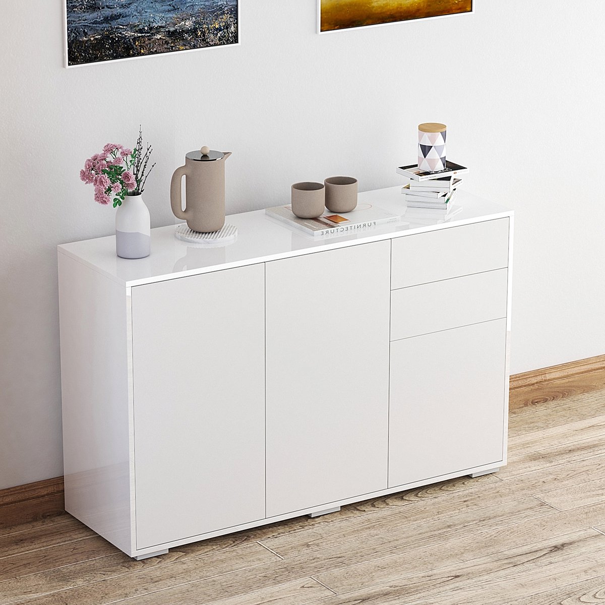 Buffet Blanc HOMCOM Avec 2 Portes Et 3 Tiroirs - Meuble De Rangement Moderne Pour Salon, Cuisine Ou Salle à Manger (90x32x80 Cm)
