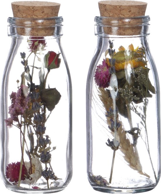  - Glazen melkfles met 2 diverse droogbloemen Ø6cm (12 st.)