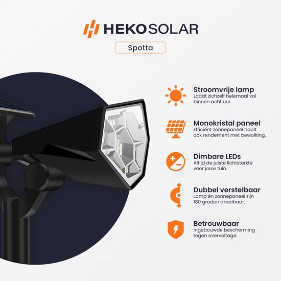 HEKO Solar® Tuinverlichting Spotta - 2 Stuks - Solar Tuinverlichting Op Zonneenergie - Wandlamp Buiten - Tuinlamp - Tuinspot - 26 LEDlamp - Dag nacht sensor - Schijnwerper - Met Grondspies - Warm en Koel Wit Licht - HEKO Solar