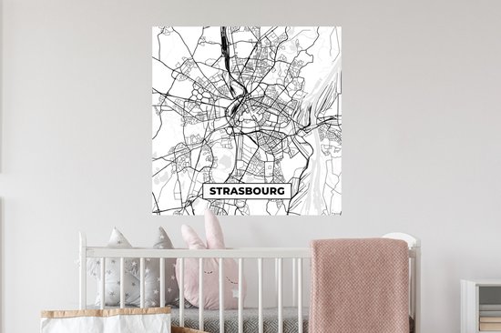 Stickers muraux - Plan de ville - Strasbourg - France - Plan - Plan d'étage - Zwart et blanc - 80x80 cm - Film adhésif