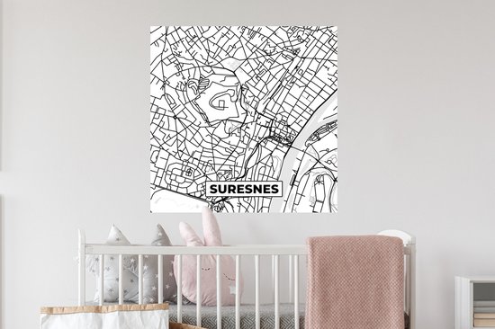 Stickers muraux - France - Carte - Plan de ville - Suresnes - Carte - Zwart et blanc - 80x80 cm - Feuille adhésive