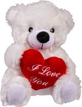 Knuffelbeertje/teddybeer - met hartje - I love you - wit - Pluche - 22 cm - Valentijn cadeautje voor hem / haar