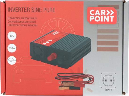 Carpoint omvormer doos met afbeelding van de omvormer en een Type F stopcontact symbool.