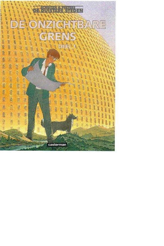 Un jeune homme en costume vert tient un document, un chien se tient à côté de lui. Derrière eux, une grande structure ronde avec des motifs jaunes.