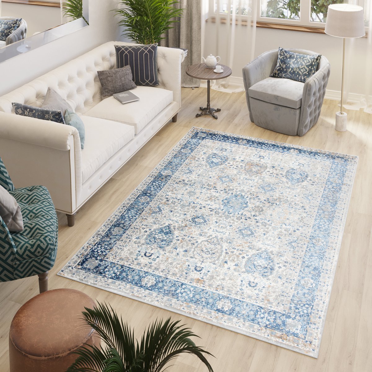 Tapiso Valley Vloerkleed Blauw Vintage Tapijten Woonkamer Maat- 300x400 Beige Blauw3