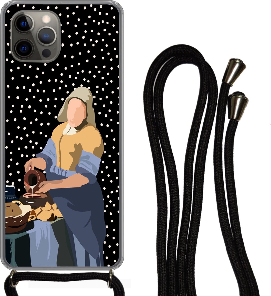 Telefoonhoesje Geschikt voor iPhone 12 pro crossbody - Oude meesters - Melkmeisje - Stippen - Zwart - Siliconen - Crossbody - Backcover met Koord - Telefoonhoesje met koord - Hoesje met touw Telefoonhoesje