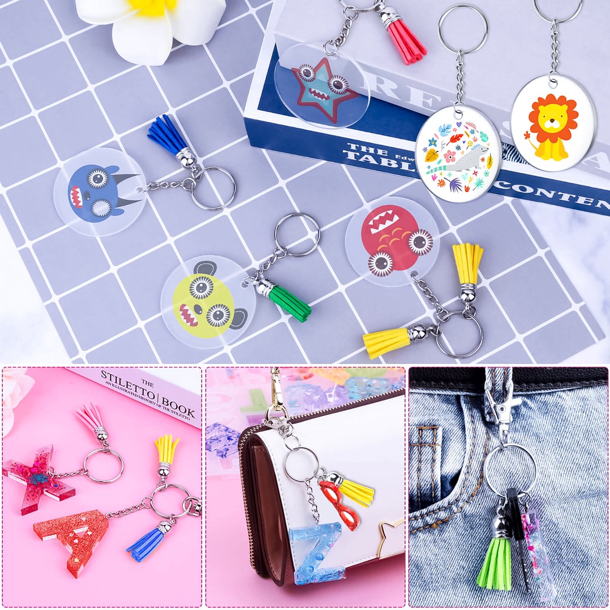 155-Delig DIY Sleutelhangers Maken Knutselpakket met Sleutelringen, Kwastjes, Blanco Transparant Plastic Plexiglas - Foto/Sleutellabels Personaliseren - Knutselen Meisjes, Jongens, Volwassenen Sieraden Hobby - Leeg Acryl Plaat Keychain Graveren — afbeelding 12