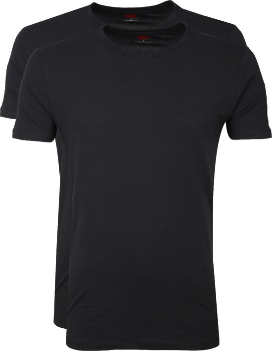 Twee zwarte Levi's T-shirts met ronde hals, van de voorkant.