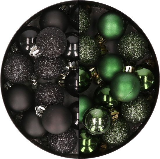28x stuks kleine kunststof kerstballen zwart en dennengroen 3 cm - kerstversiering