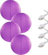 Setje van 4x stuks luxe paarse bolvormige party lampionnen 35 cm met lantaarnlampjes - Feest decoraties/versiering