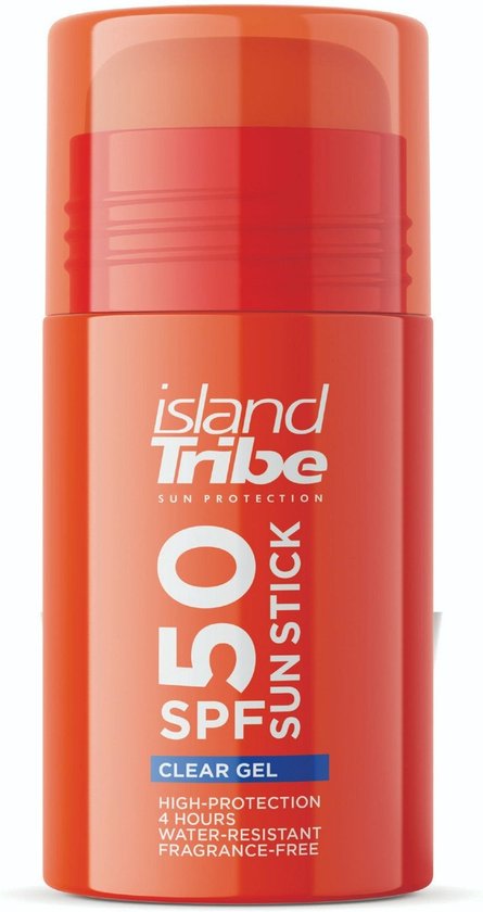 Oranje zonnebrandstick van Island Tribe SPF 50 Clear Gel met een rode dop en een rode ring.