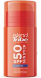 Oranje zonnebrandstick van Island Tribe SPF 50 Clear Gel met een rode dop en een rode ring.