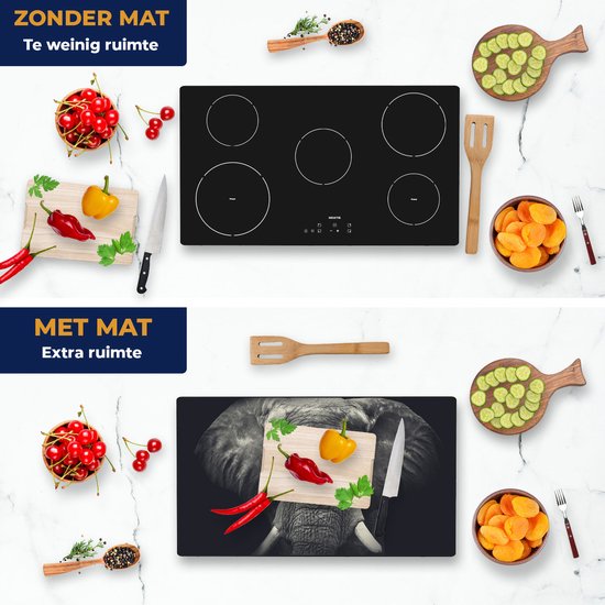Chefcare Inductie Beschermer Olifantenkop - Olifant - Zwart Wit - 91,2x52 cm - Afdekplaat Inductie - Kookplaat Beschermer - Inductie Mat